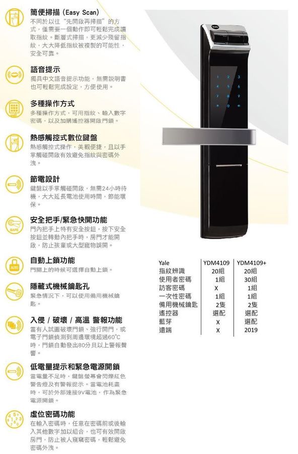 Yale電子鎖三合一指紋YDM4109