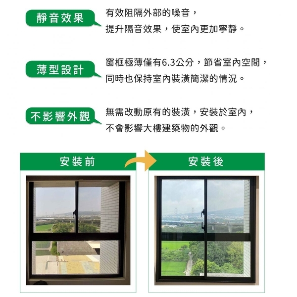 四拉有開天薄型室內靜音窗GW-04雙層氣密、雙倍隔音-綠眾事業股份有限公司