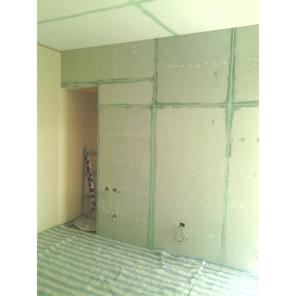 輕隔間+層次天花板-木地板帆布保護+矽酸鈣批土+油漆