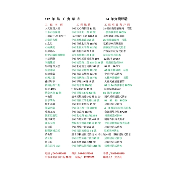 112年施工實績表,勇茂工程有限公司