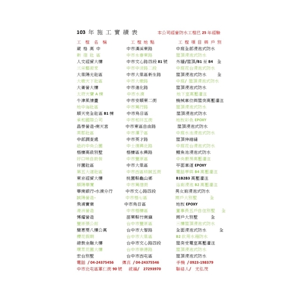 103 年 施 工 實 績 表
